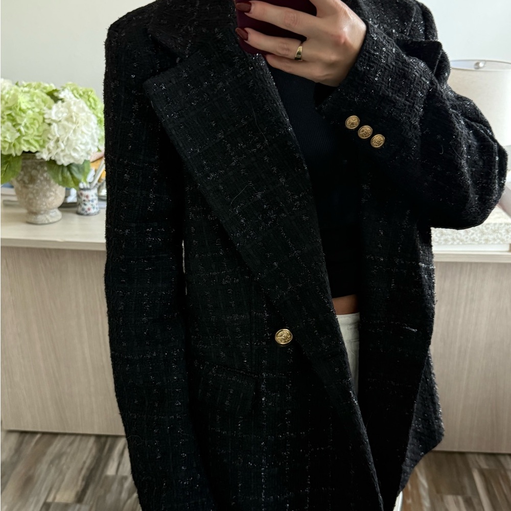 JustFab Black Tweed Blazer with Gold Buttons - Picture 3 of 9